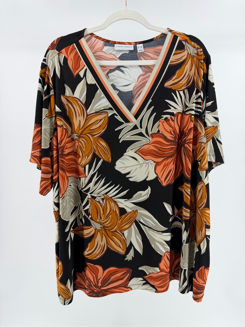 Susan Graver Liquid Knit Black Orange V-Neck Tropical Print Blouse Top, Size 3X